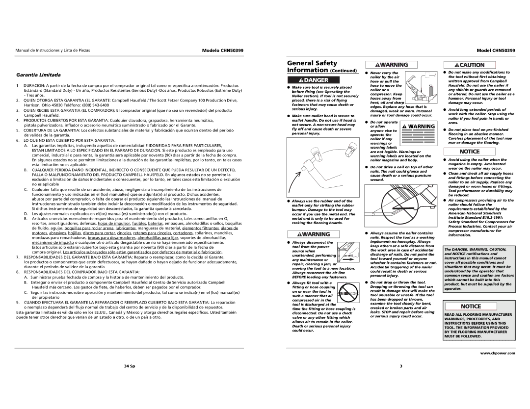 Campbell Hausfeld CHN50399 operating instructions Garantía Limitada 