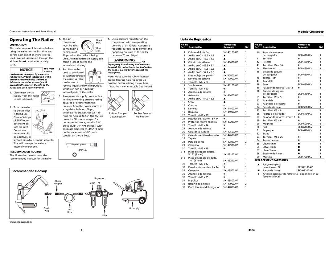 Campbell Hausfeld CHN50399 operating instructions Operating The Nailer, Lista de Repuestos, Recommended Hookup 