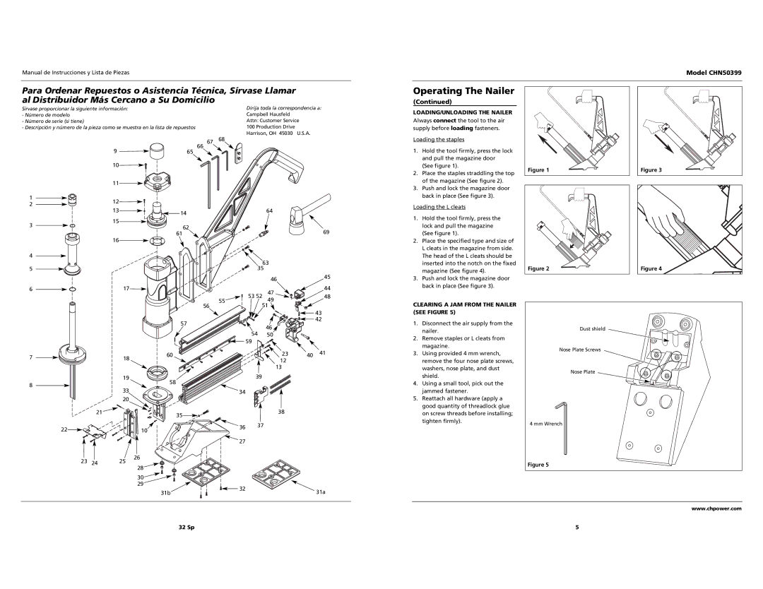 Campbell Hausfeld CHN50399 operating instructions LOADING/UNLOADING the Nailer, Clearing a JAM from the Nailer see Figure 