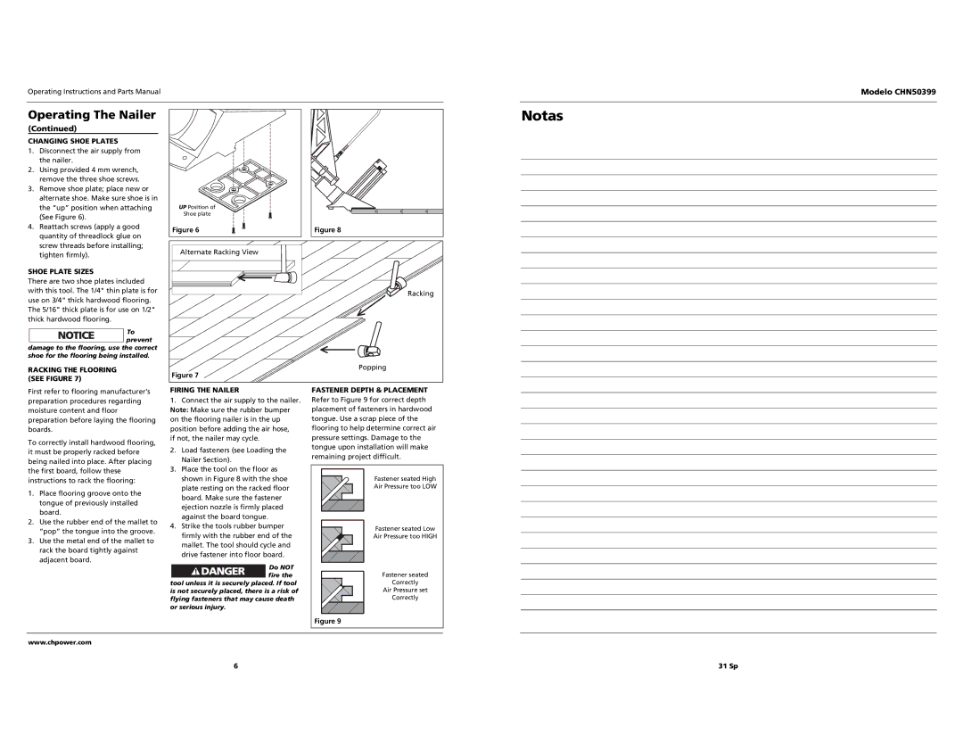 Campbell Hausfeld CHN50399 Changing Shoe Plates, Shoe Plate Sizes, Racking the Flooring see Figure, Firing the Nailer 