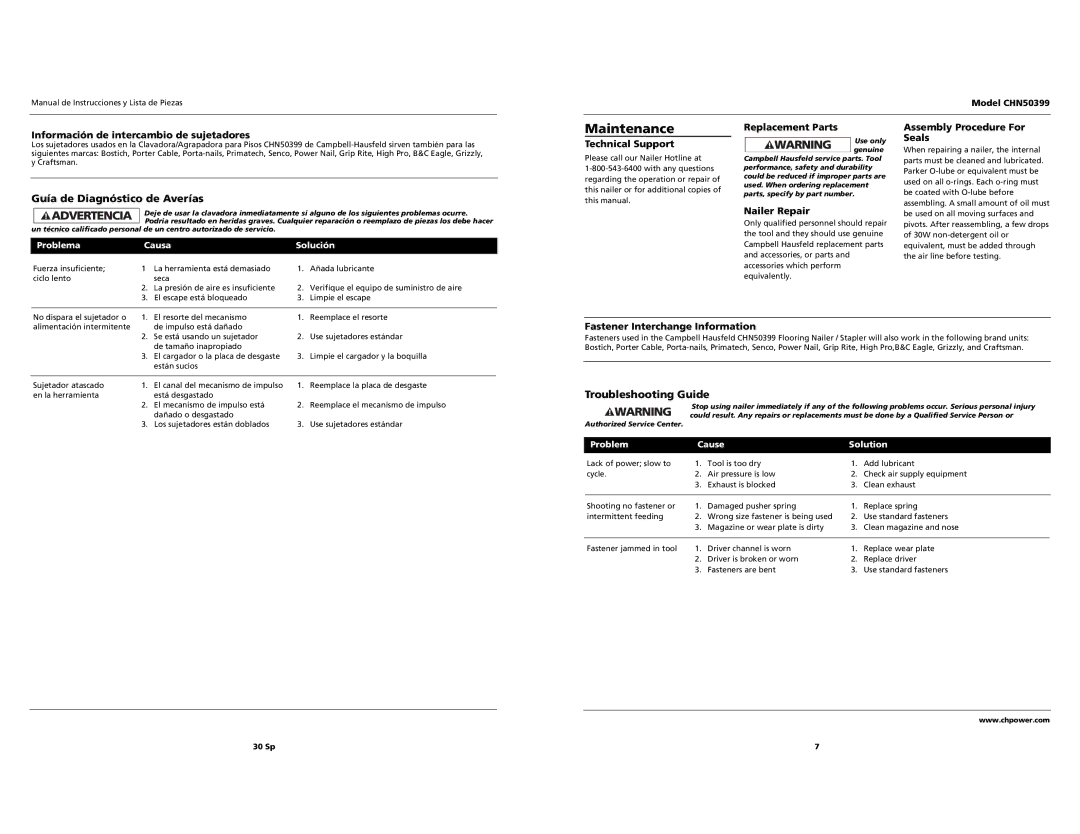 Campbell Hausfeld CHN50399 operating instructions Maintenance 