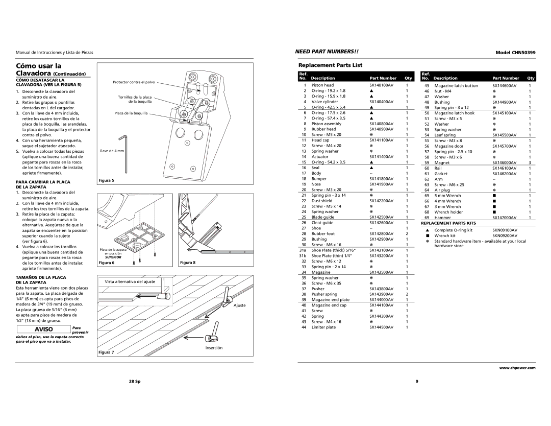 Campbell Hausfeld CHN50399 operating instructions Replacement Parts List, Cómo Desatascar LA Clavadora VER LA Figura 