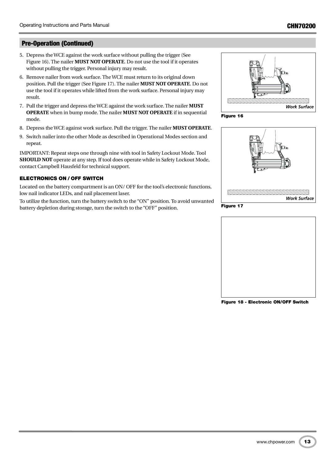 Campbell Hausfeld CHN70200 operating instructions Electronics on / OFF Switch, Electronic ON/OFF Switch 