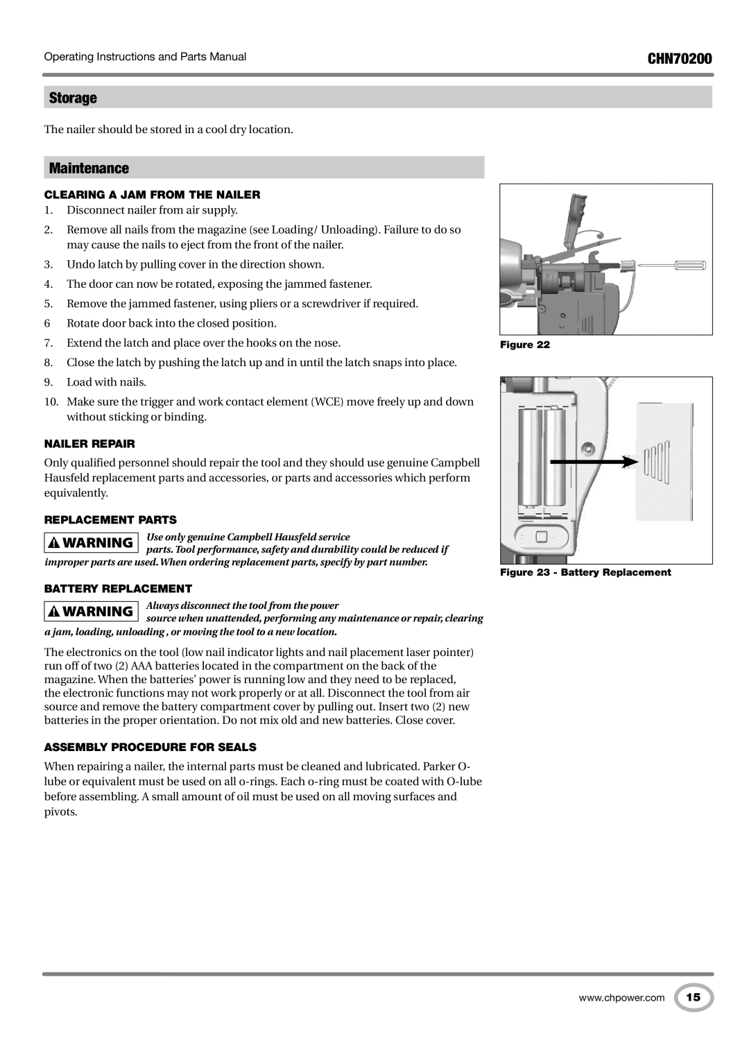 Campbell Hausfeld CHN70200 operating instructions Storage, Maintenance 