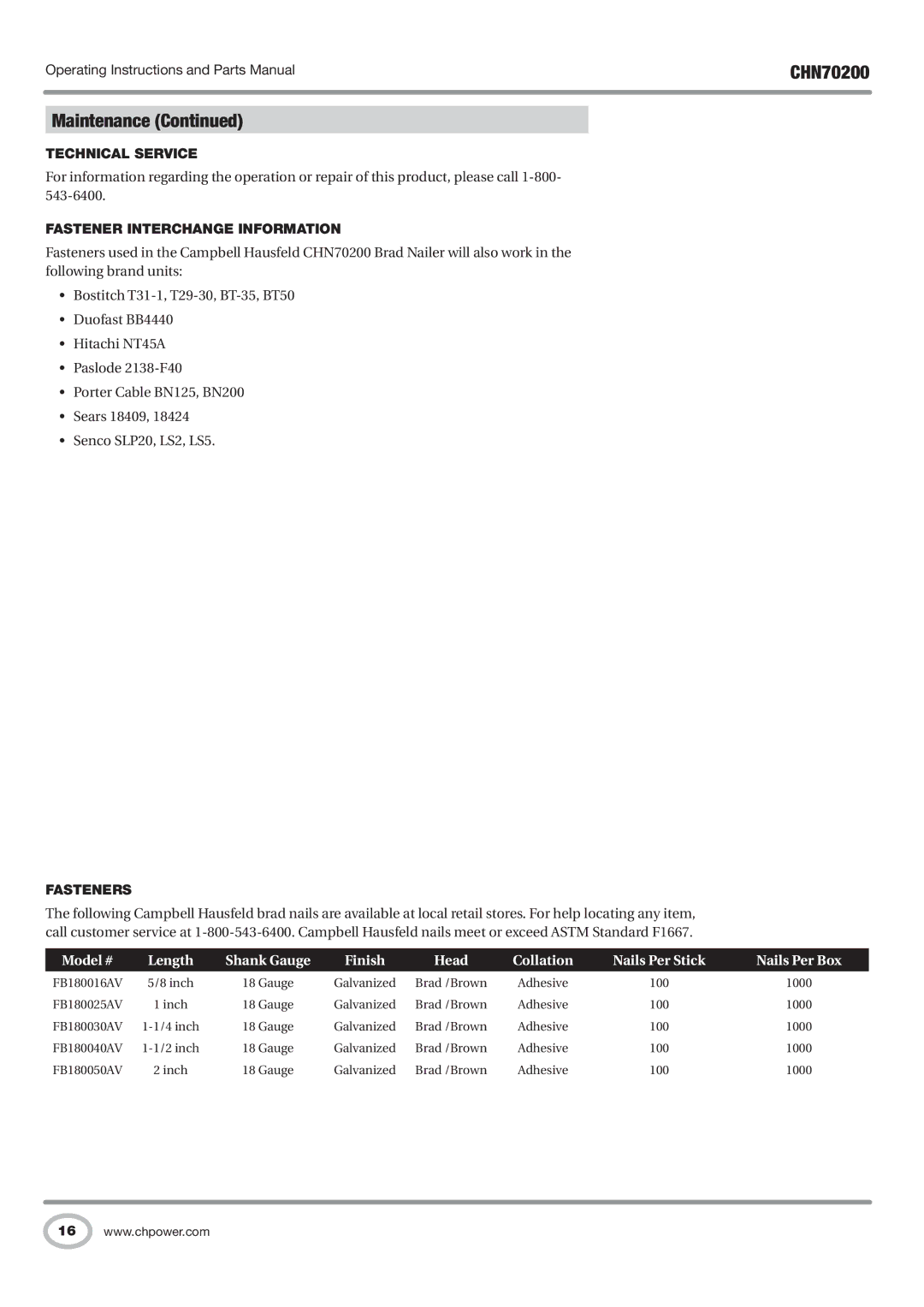 Campbell Hausfeld CHN70200 operating instructions Technical Service, Fastener Interchange Information, Fasteners 