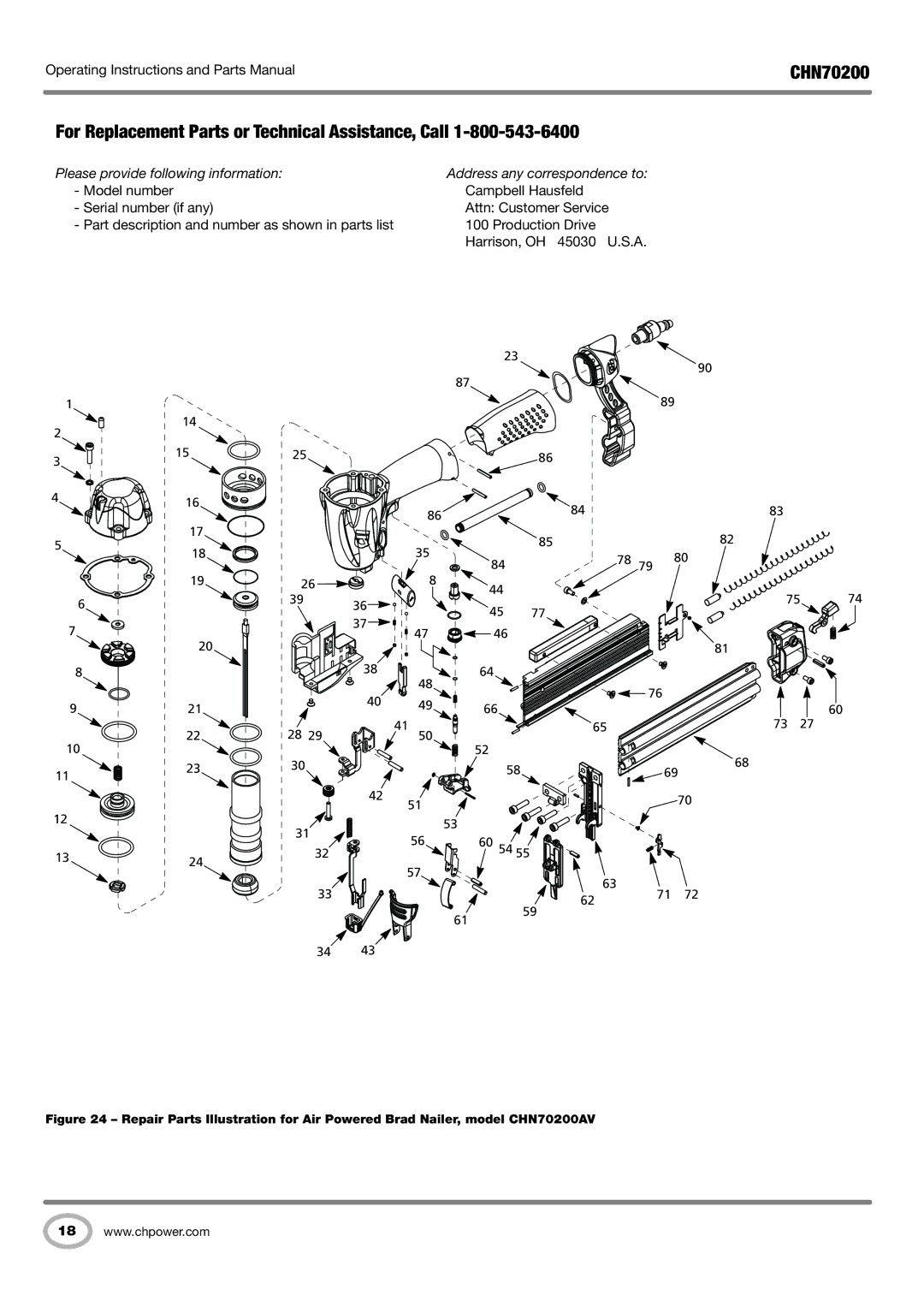 Campbell Hausfeld CHN70200 operating instructions For Replacement Parts or Technical Assistance, Call 