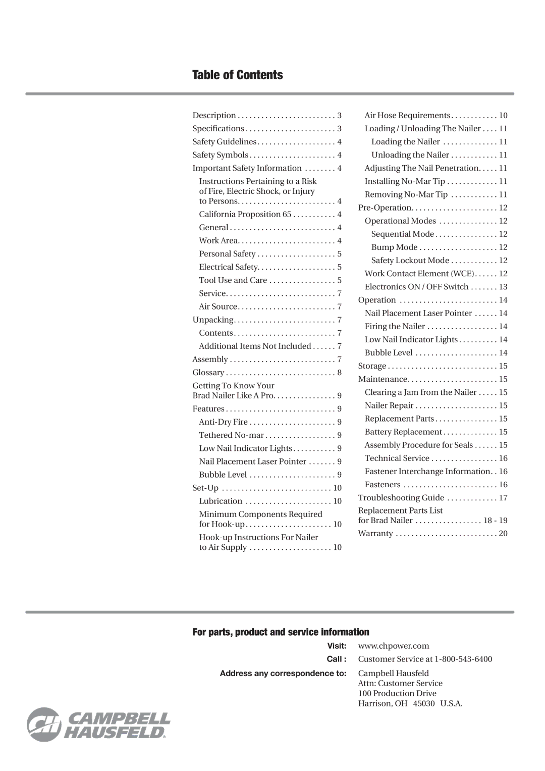 Campbell Hausfeld CHN70200 operating instructions Table of Contents 