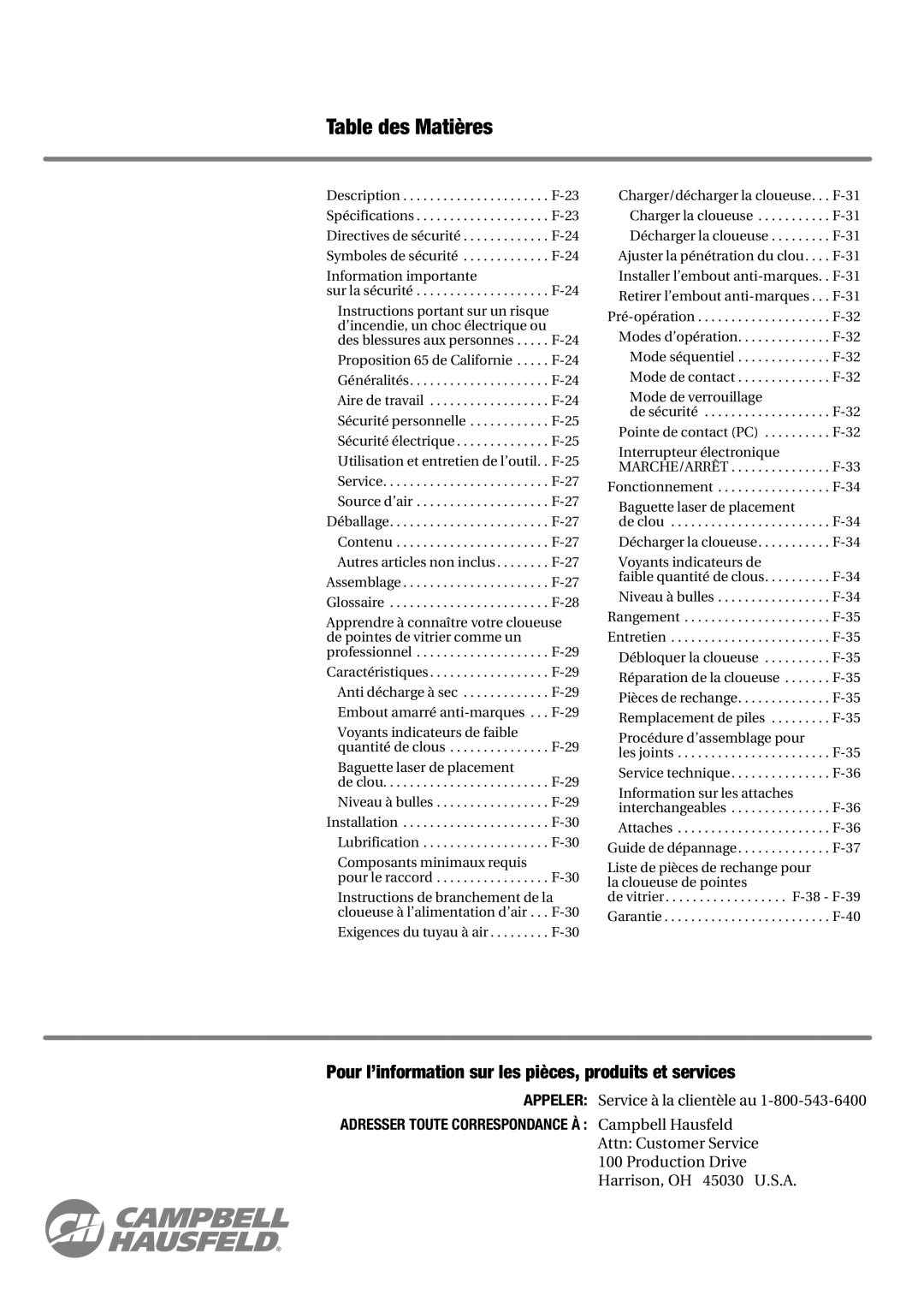 Campbell Hausfeld CHN70200 Table des Matières, Pour l’information sur les pièces, produits et services 