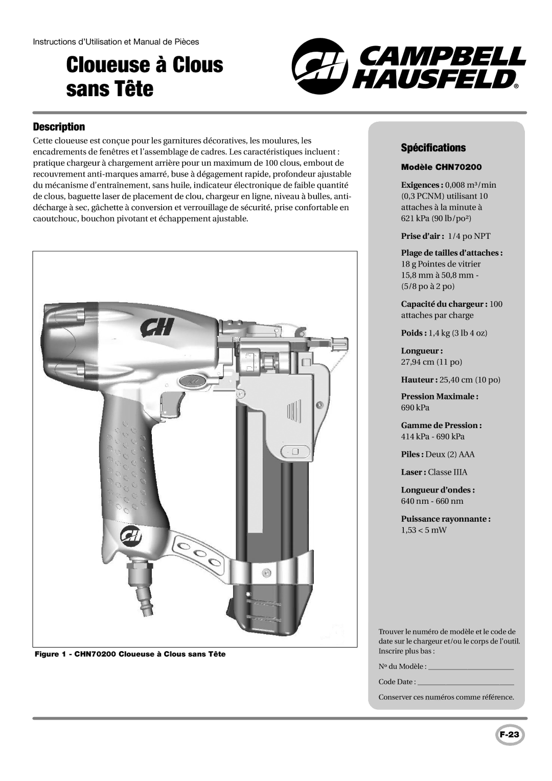 Campbell Hausfeld operating instructions Spécifications, Modèle CHN70200 