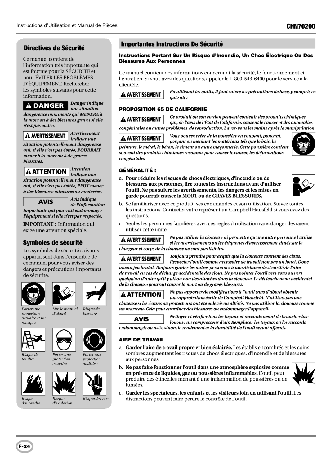 Campbell Hausfeld CHN70200 Directives de Sécurité, Symboles de sécurité, Importantes Instructions De Sécurité 