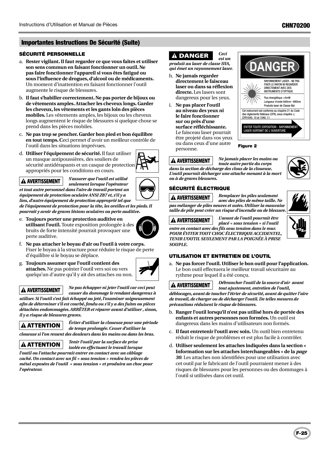 Campbell Hausfeld CHN70200 Importantes Instructions De Sécurité Suite, Sécurité personnelle, Sécurité Électrique 