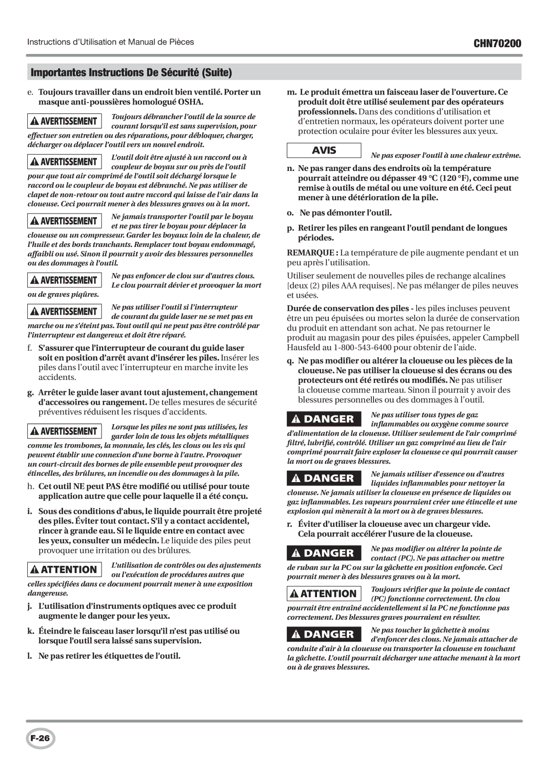 Campbell Hausfeld CHN70200 operating instructions Ne pas exposer l’outil à une chaleur extrême 