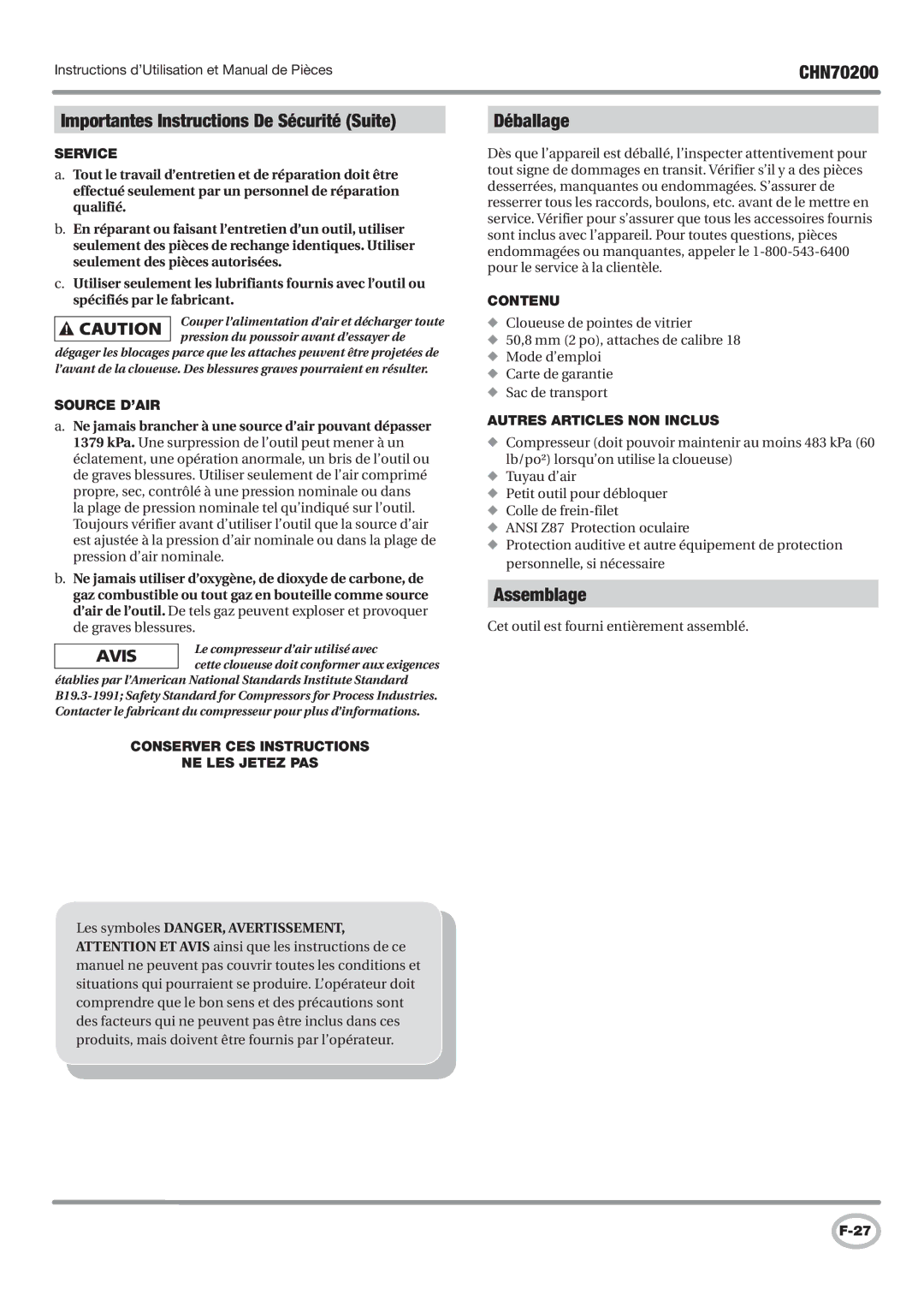 Campbell Hausfeld CHN70200 operating instructions Déballage, Assemblage, Contenu, Autres Articles NON Inclus 