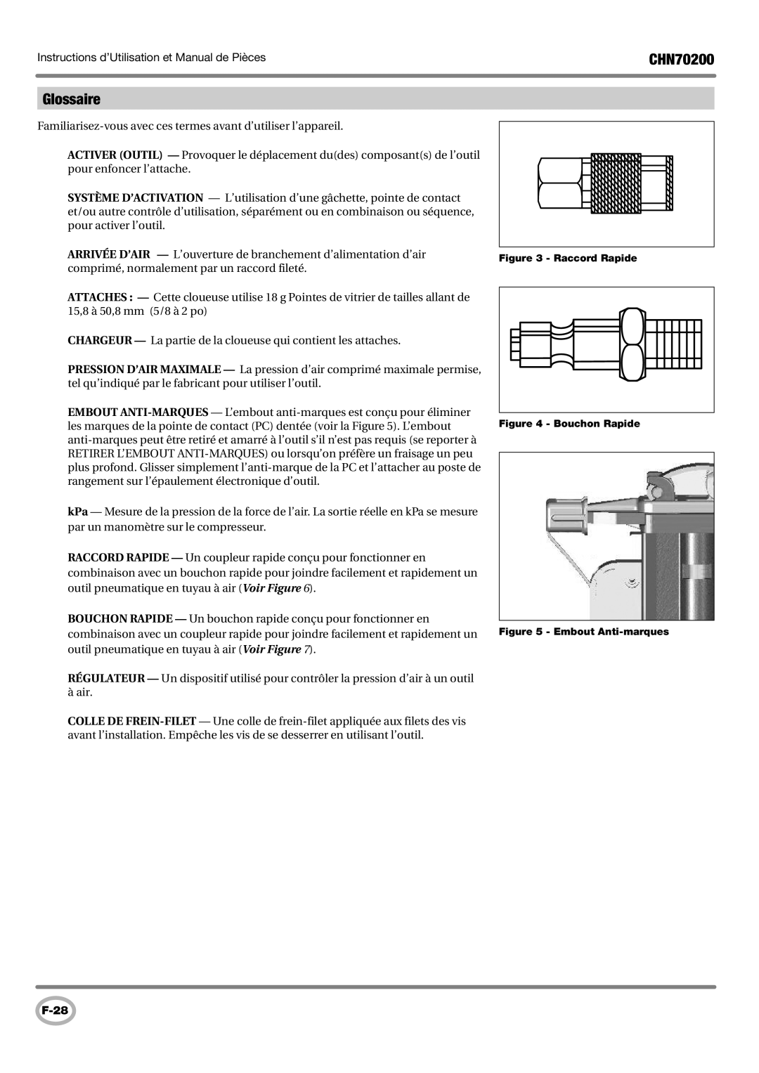 Campbell Hausfeld CHN70200 operating instructions Glossaire, Raccord Rapide 