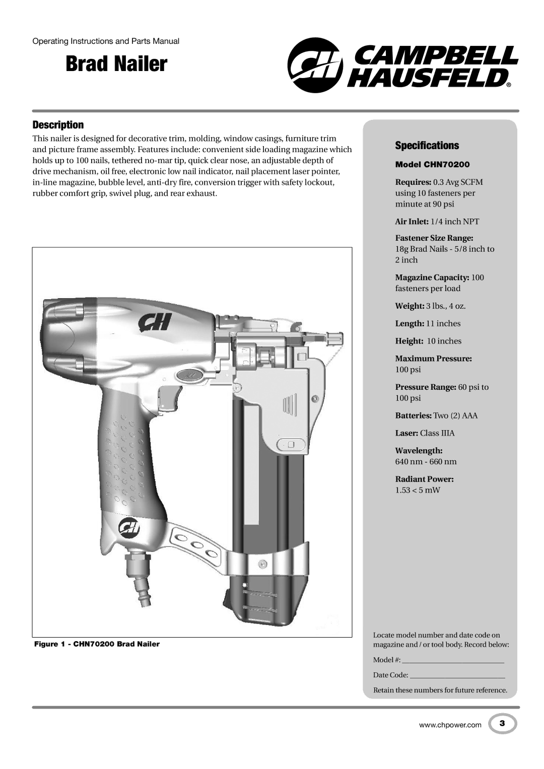 Campbell Hausfeld operating instructions Description, Specifications, Model CHN70200 