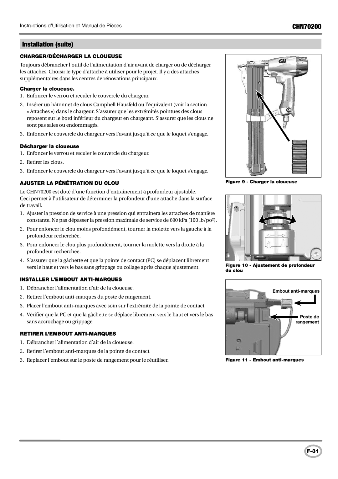Campbell Hausfeld CHN70200 Installation suite, CHARGER/DÉCHARGER LA Cloueuse, Ajuster LA Pénétration DU Clou 