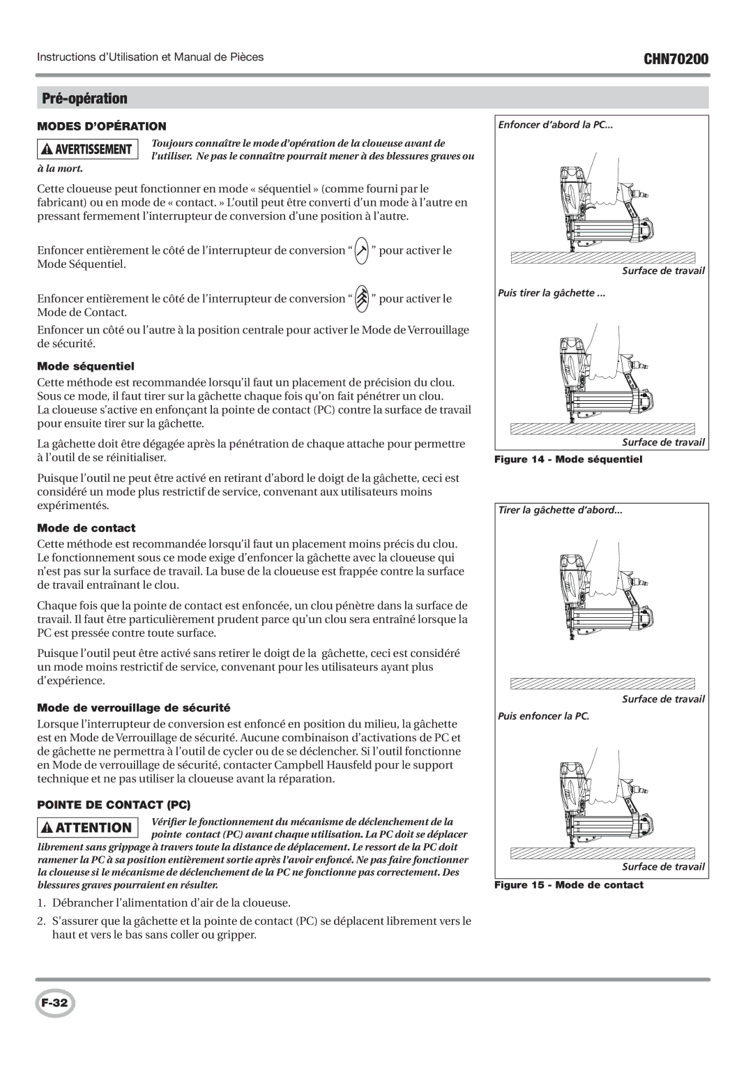 Campbell Hausfeld CHN70200 operating instructions Pré-opération, Modes D’OPÉRATION, Pointe DE Contact PC 