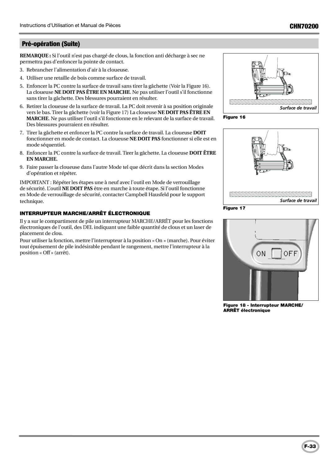 Campbell Hausfeld CHN70200 operating instructions Pré-opération Suite, Interrupteur MARCHE/ARRÊT Électronique 