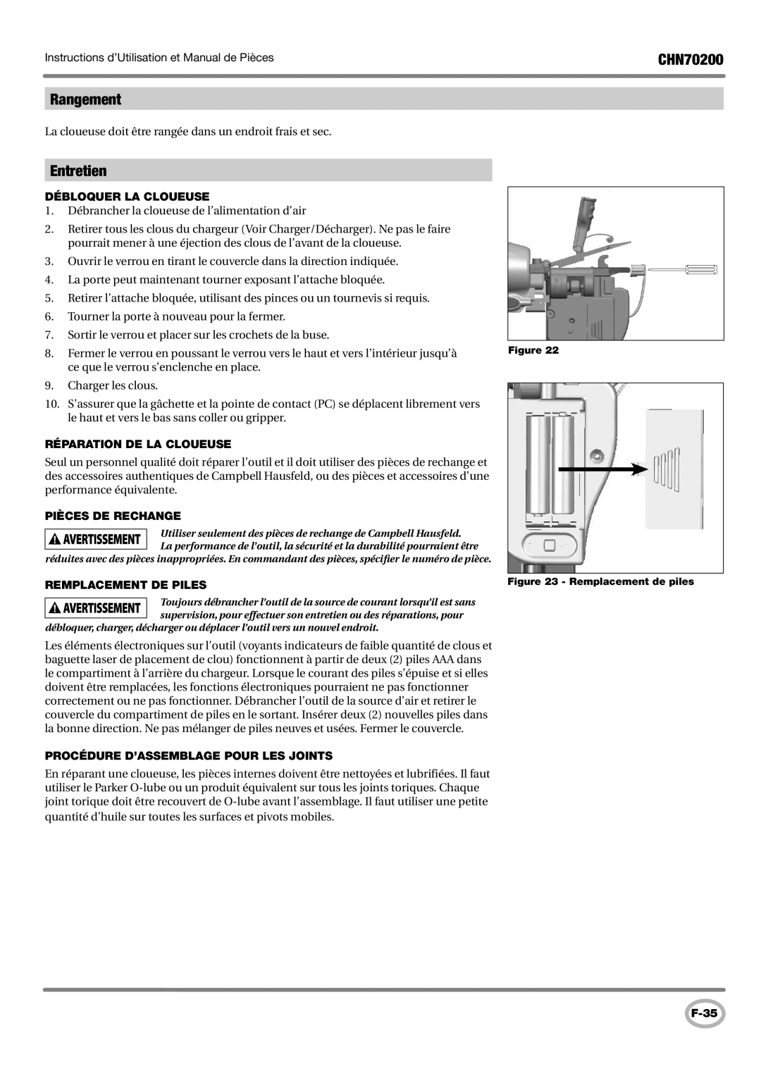 Campbell Hausfeld CHN70200 operating instructions Rangement, Entretien 