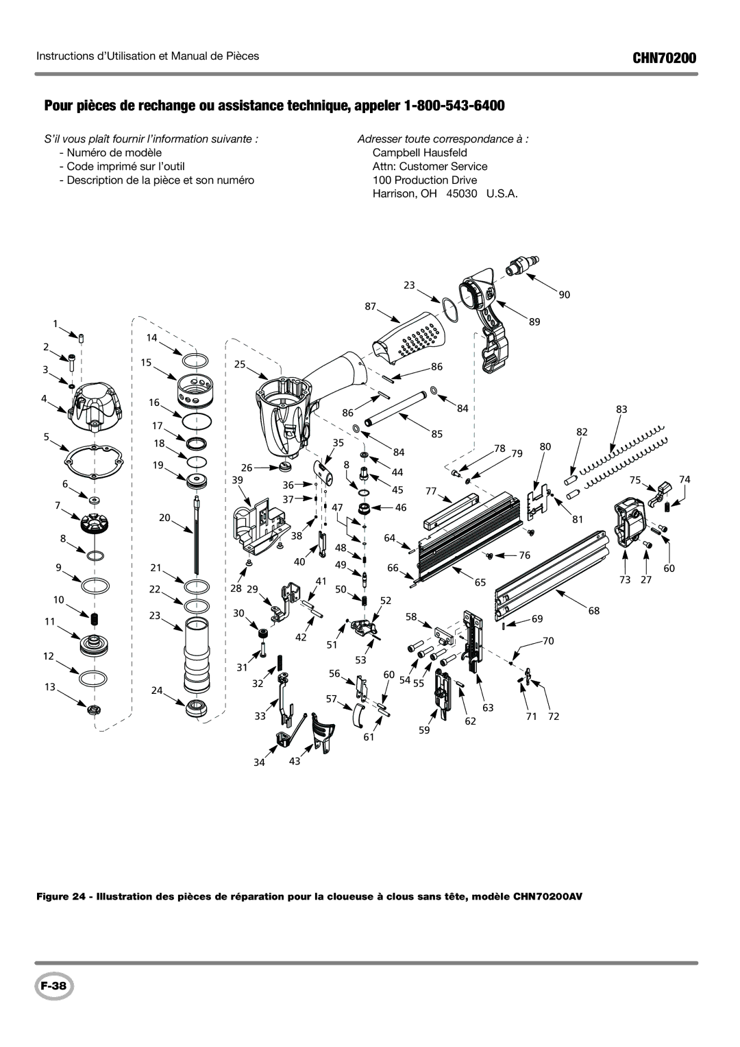 Campbell Hausfeld CHN70200 operating instructions Pour pièces de rechange ou assistance technique, appeler 