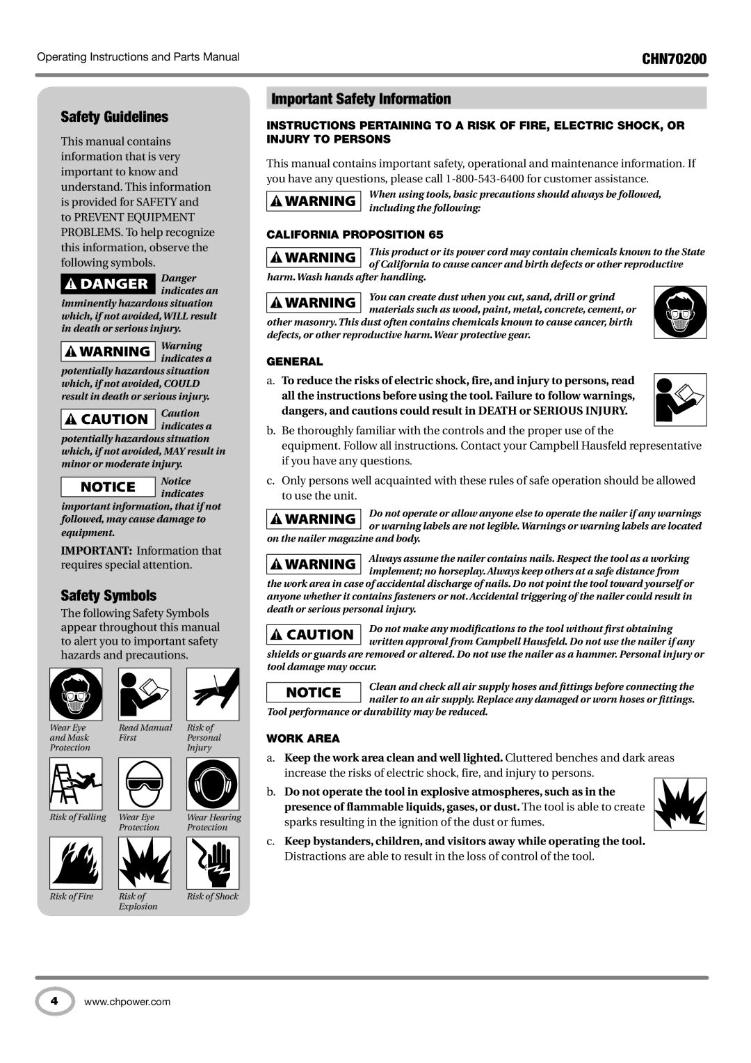 Campbell Hausfeld CHN70200 operating instructions Safety Guidelines, Safety Symbols, Important Safety Information 