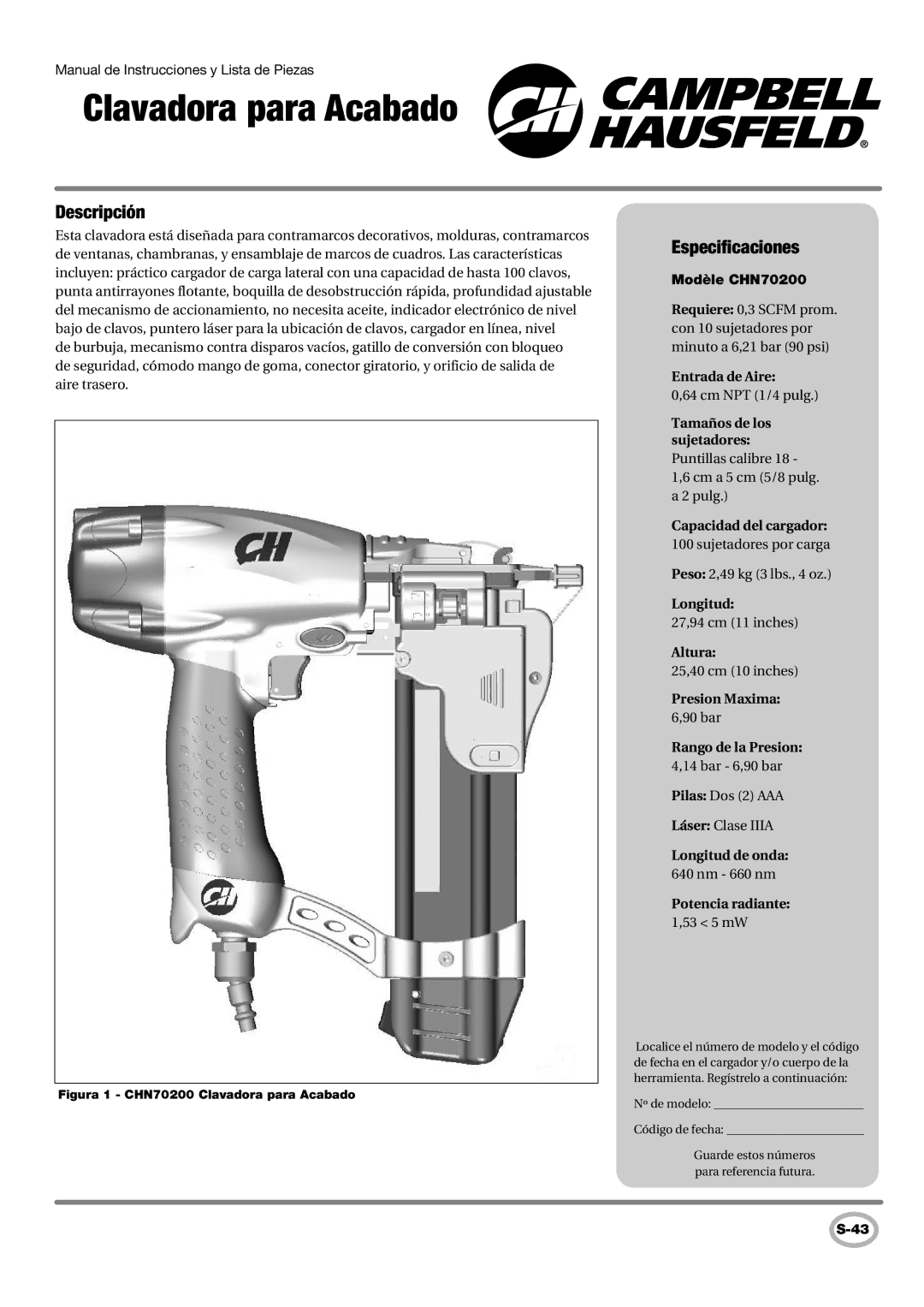 Campbell Hausfeld CHN70200 operating instructions Descripción, Especificaciones 