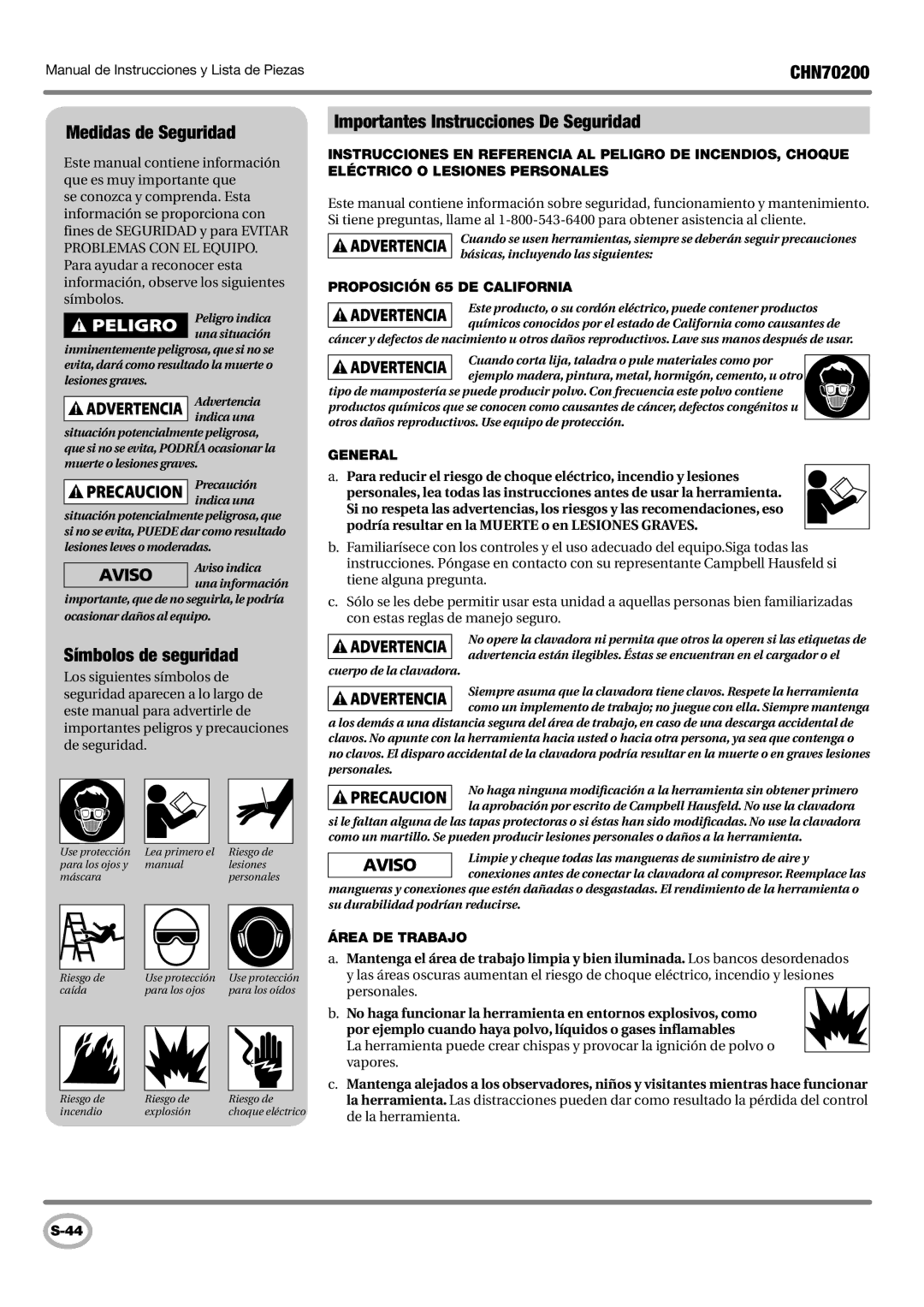 Campbell Hausfeld CHN70200 Medidas de Seguridad, Símbolos de seguridad, Importantes Instrucciones De Seguridad 