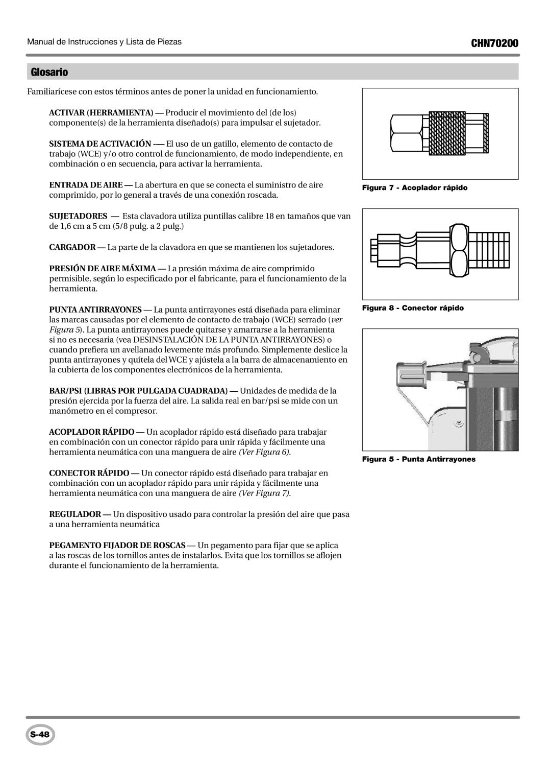 Campbell Hausfeld CHN70200 operating instructions Glosario, Figura Acoplador rápido 