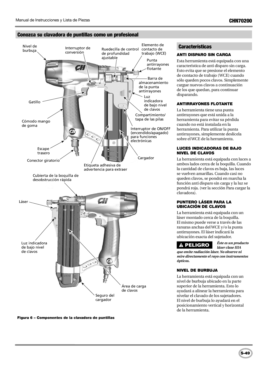 Campbell Hausfeld CHN70200 operating instructions Conozca su clavadora de puntillas como un profesional, Características 