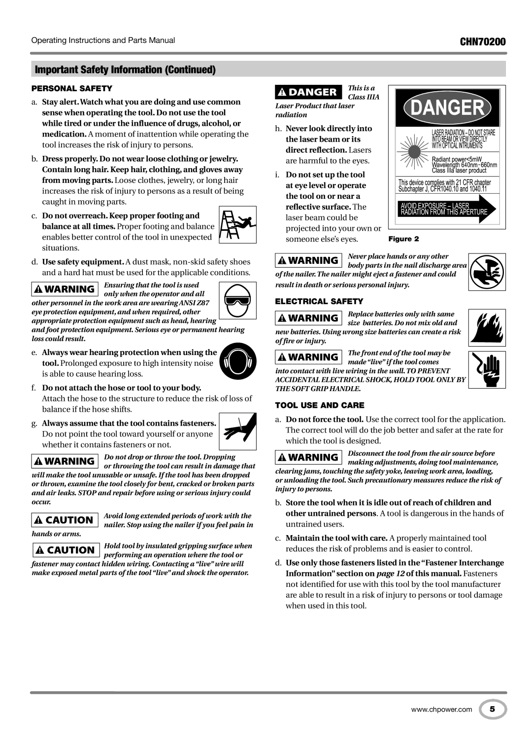 Campbell Hausfeld CHN70200 operating instructions Personal Safety, Electrical Safety, Tool Use and Care 