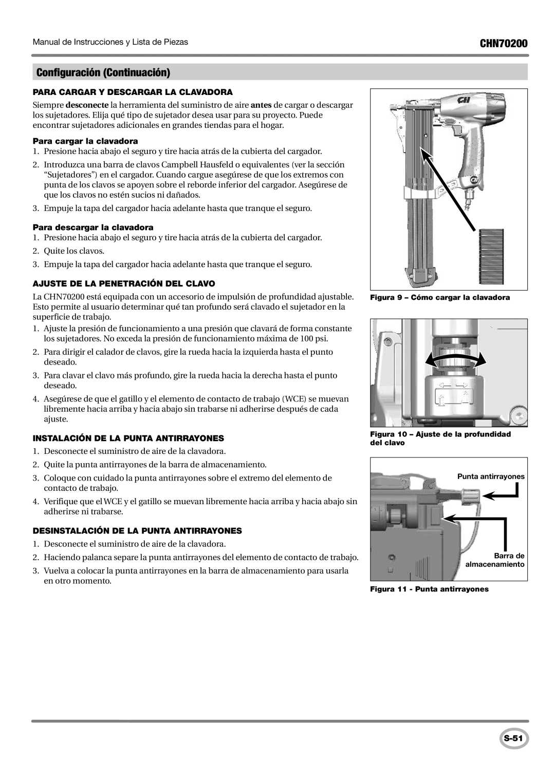 Campbell Hausfeld CHN70200 operating instructions Configuración Continuación, Para Cargar Y Descargar LA Clavadora 