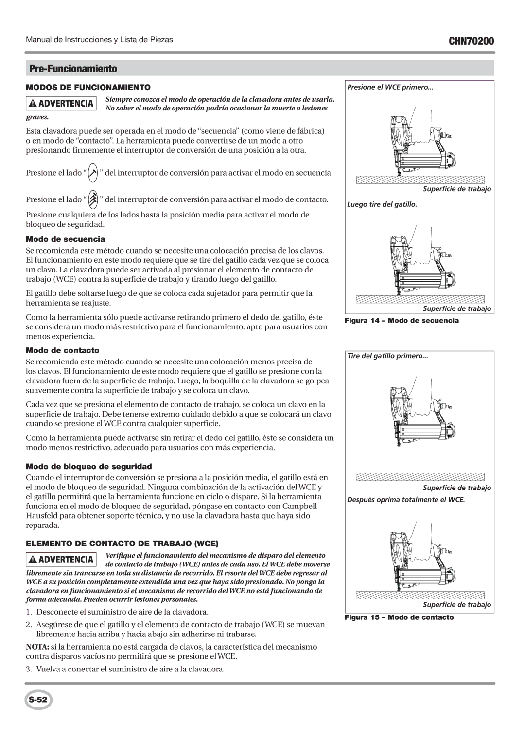 Campbell Hausfeld CHN70200 Pre-Funcionamiento, Modos DE Funcionamiento, Elemento DE Contacto DE Trabajo WCE 