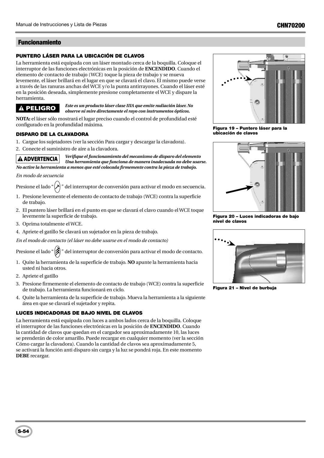 Campbell Hausfeld CHN70200 operating instructions Funcionamiento, Disparo DE LA Clavadora 