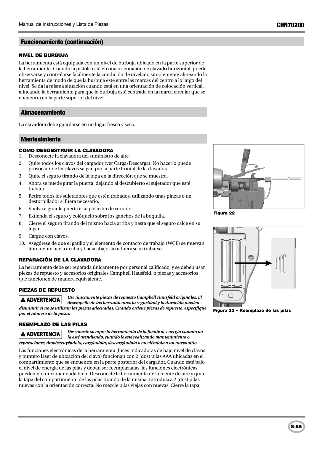 Campbell Hausfeld CHN70200 operating instructions Funcionamiento continuación, Almacenamiento, Mantenimiento 