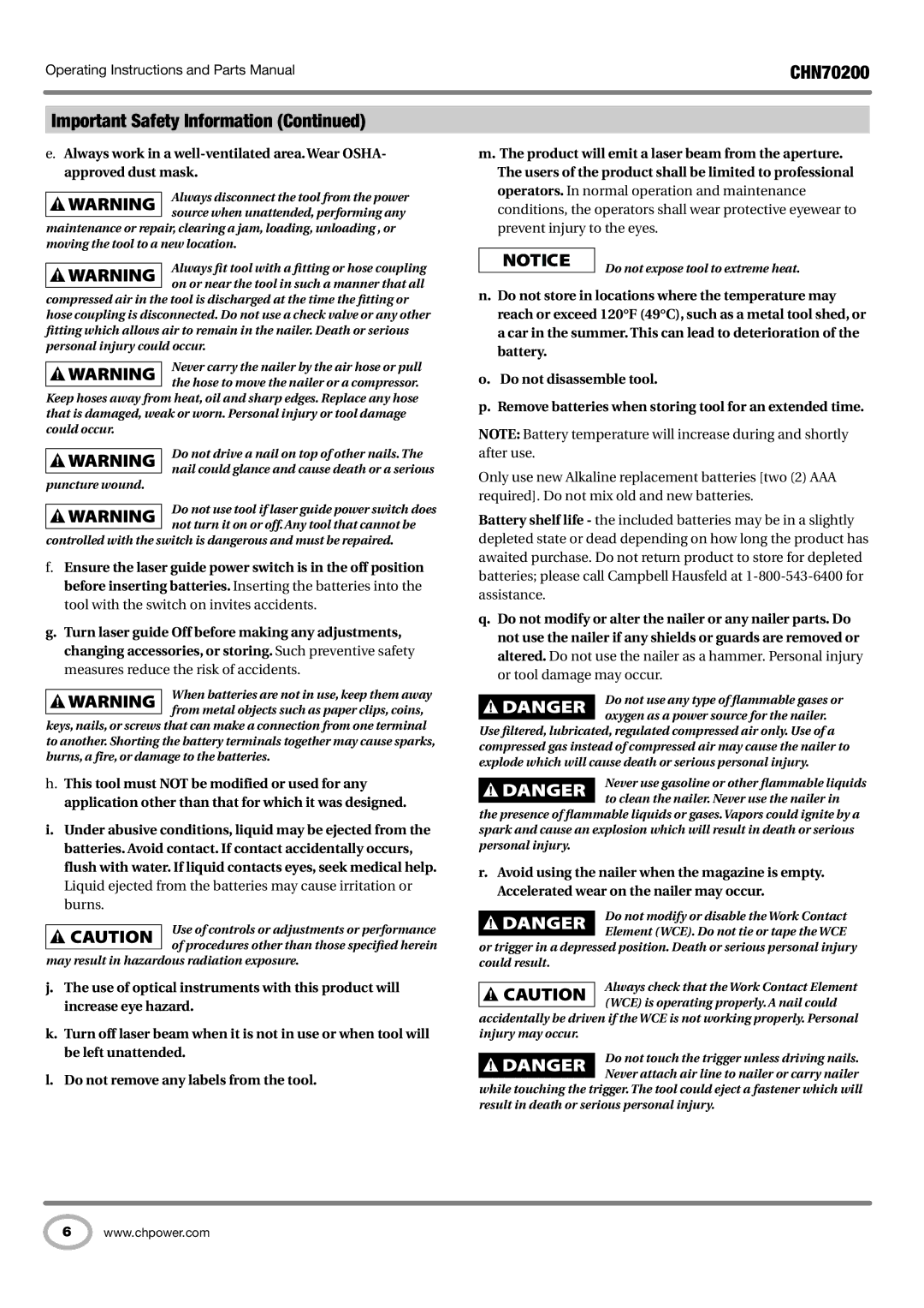 Campbell Hausfeld CHN70200 operating instructions Do not expose tool to extreme heat 