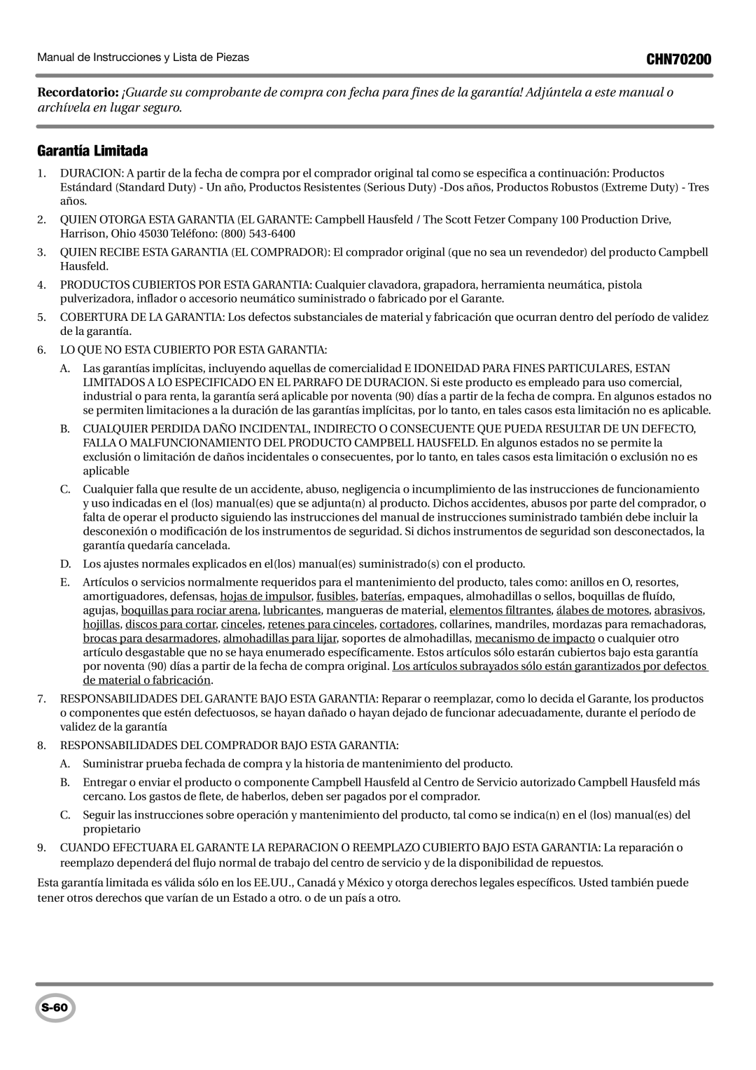 Campbell Hausfeld CHN70200 operating instructions Garantía Limitada, LO QUE no Esta Cubierto POR Esta Garantia 