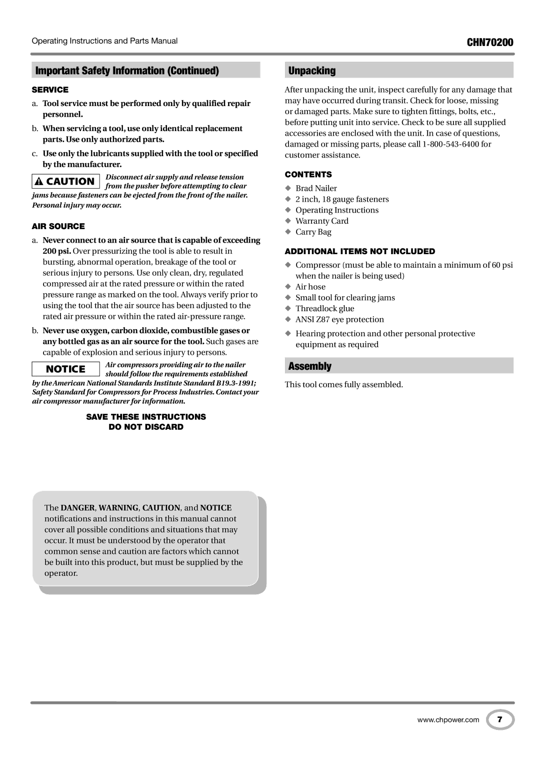 Campbell Hausfeld CHN70200 operating instructions Unpacking, Assembly 