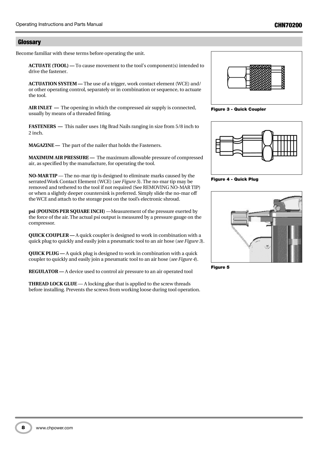 Campbell Hausfeld CHN70200 operating instructions Glossary, Quick Coupler 