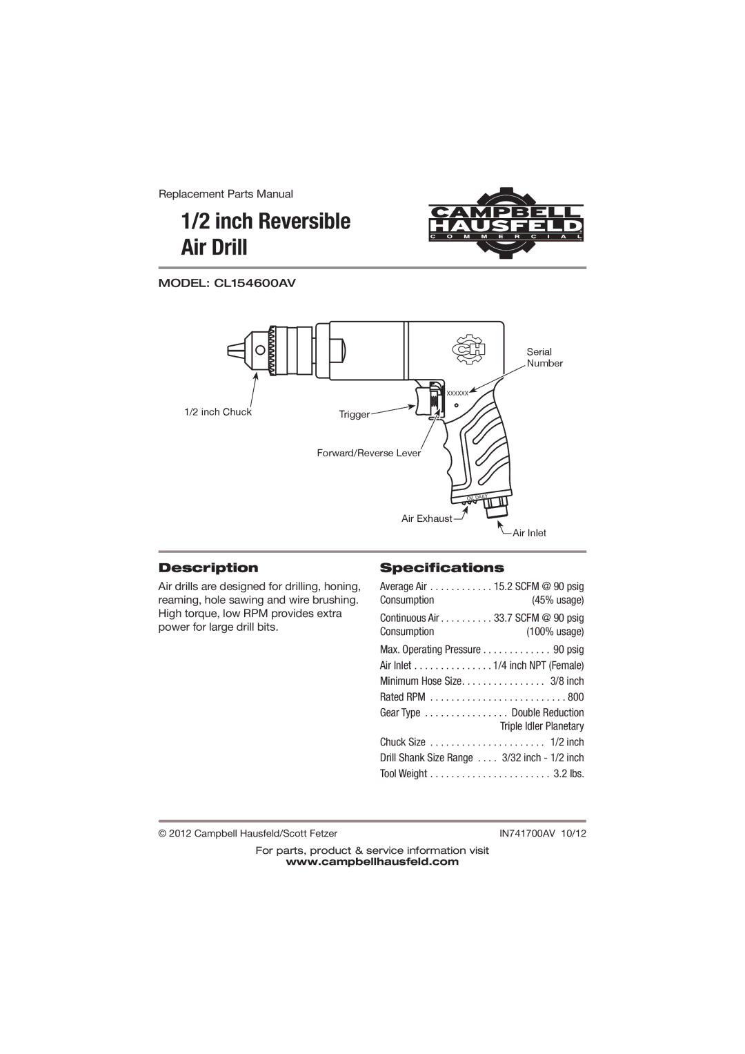 Campbell Hausfeld specifications Description, Specifications, Model CL154600AV 