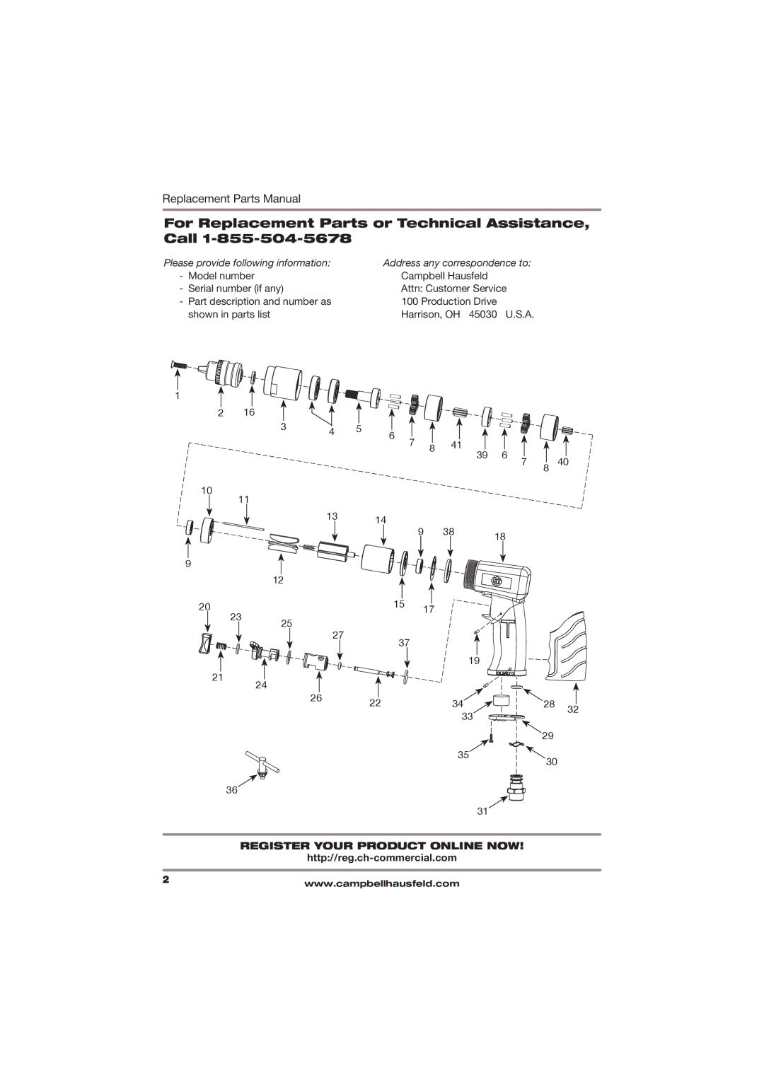 Campbell Hausfeld CL154600AV specifications For Replacement Parts or Technical Assistance, Call 