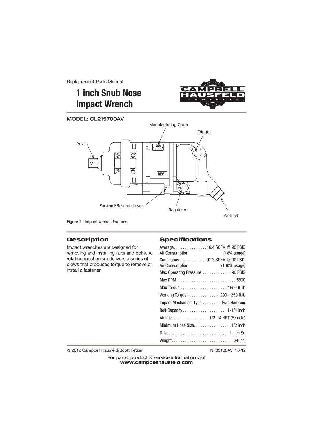 Campbell Hausfeld specifications DescriptionSpecifications, Model CL215700AV 