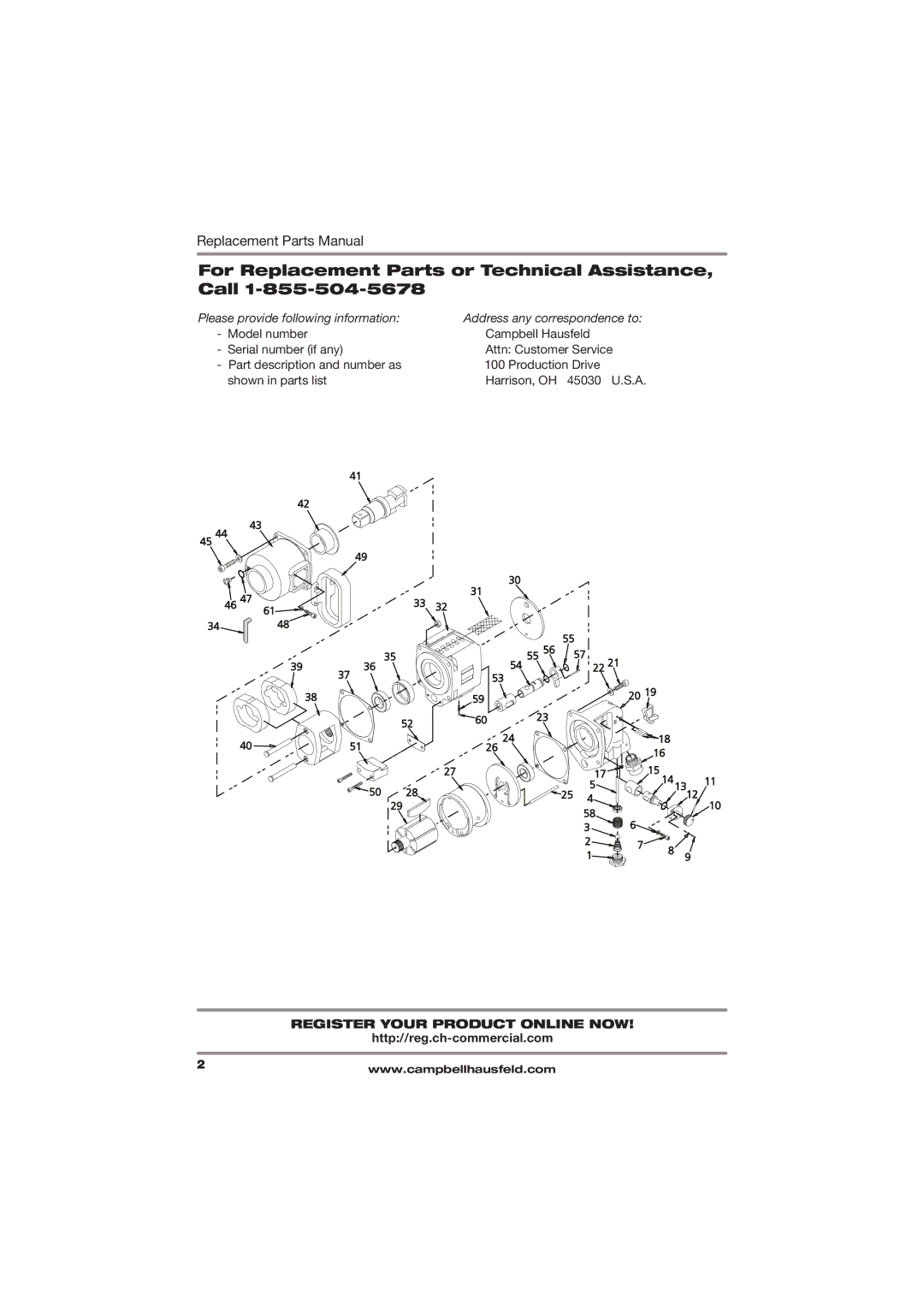 Campbell Hausfeld CL215700AV specifications For Replacement Parts or Technical Assistance, Call 