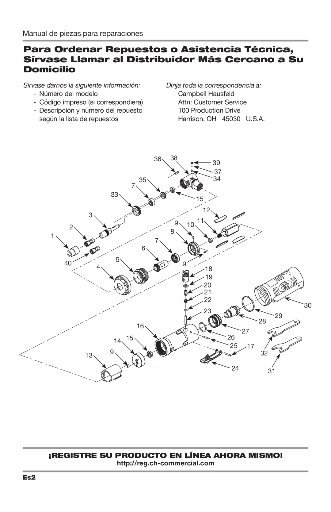 Campbell Hausfeld CL254100AV specifications Sirvase darnos la siguiente información 