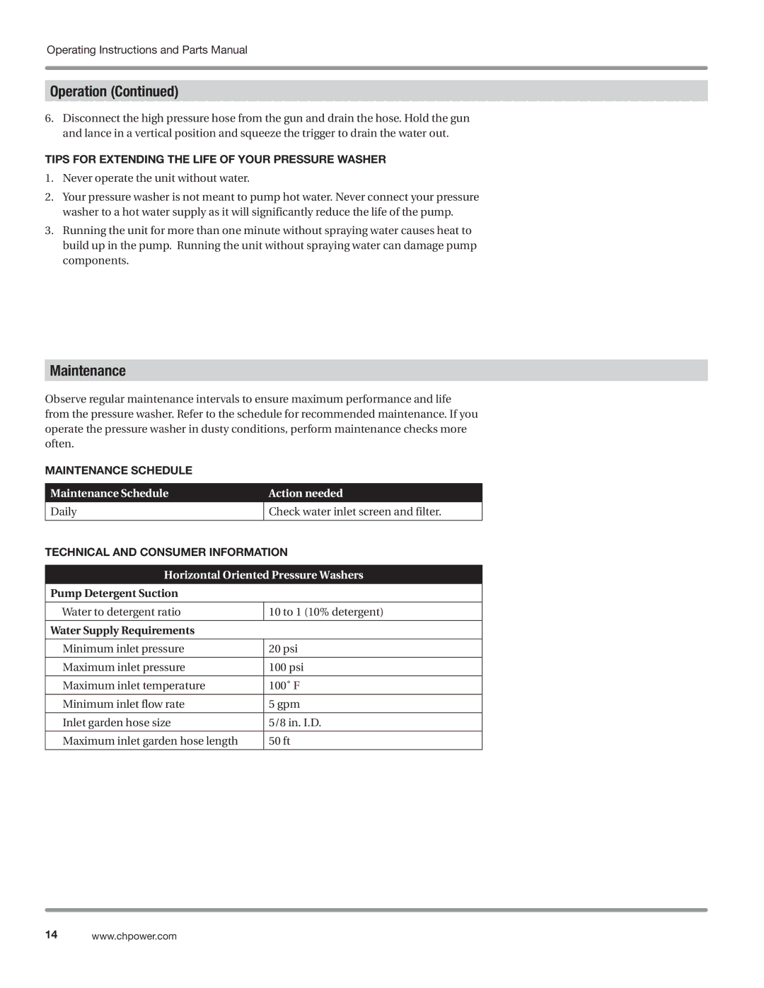 Campbell Hausfeld CP5101 manual Tips For Extending The Life Of Your Pressure Washer, Maintenance Schedule 