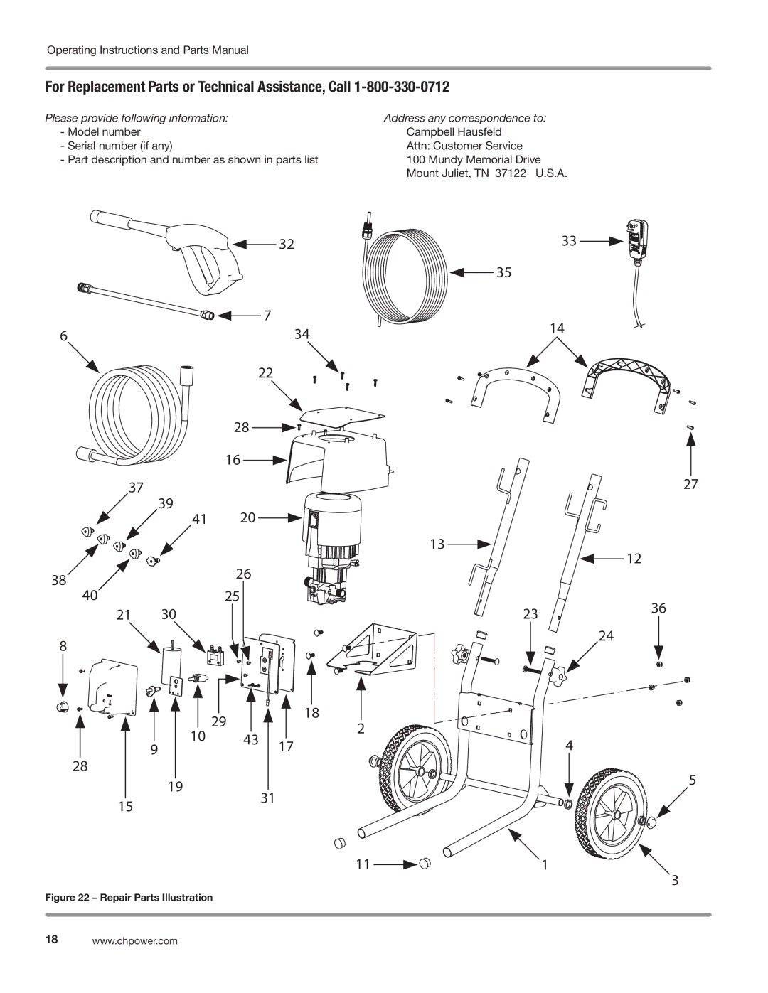 Campbell Hausfeld CP5101 manual For Replacement Parts or Technical Assistance, Call, Repair Parts Illustration 