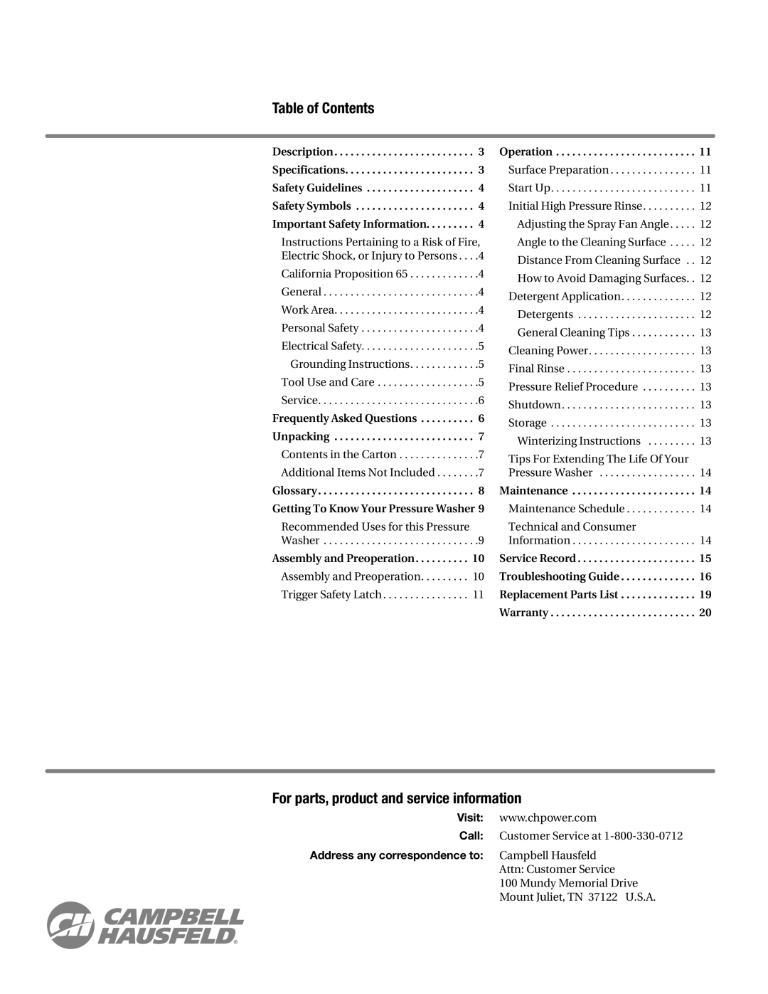 Campbell Hausfeld CP5101 manual Table of Contents, For parts, product and service information 