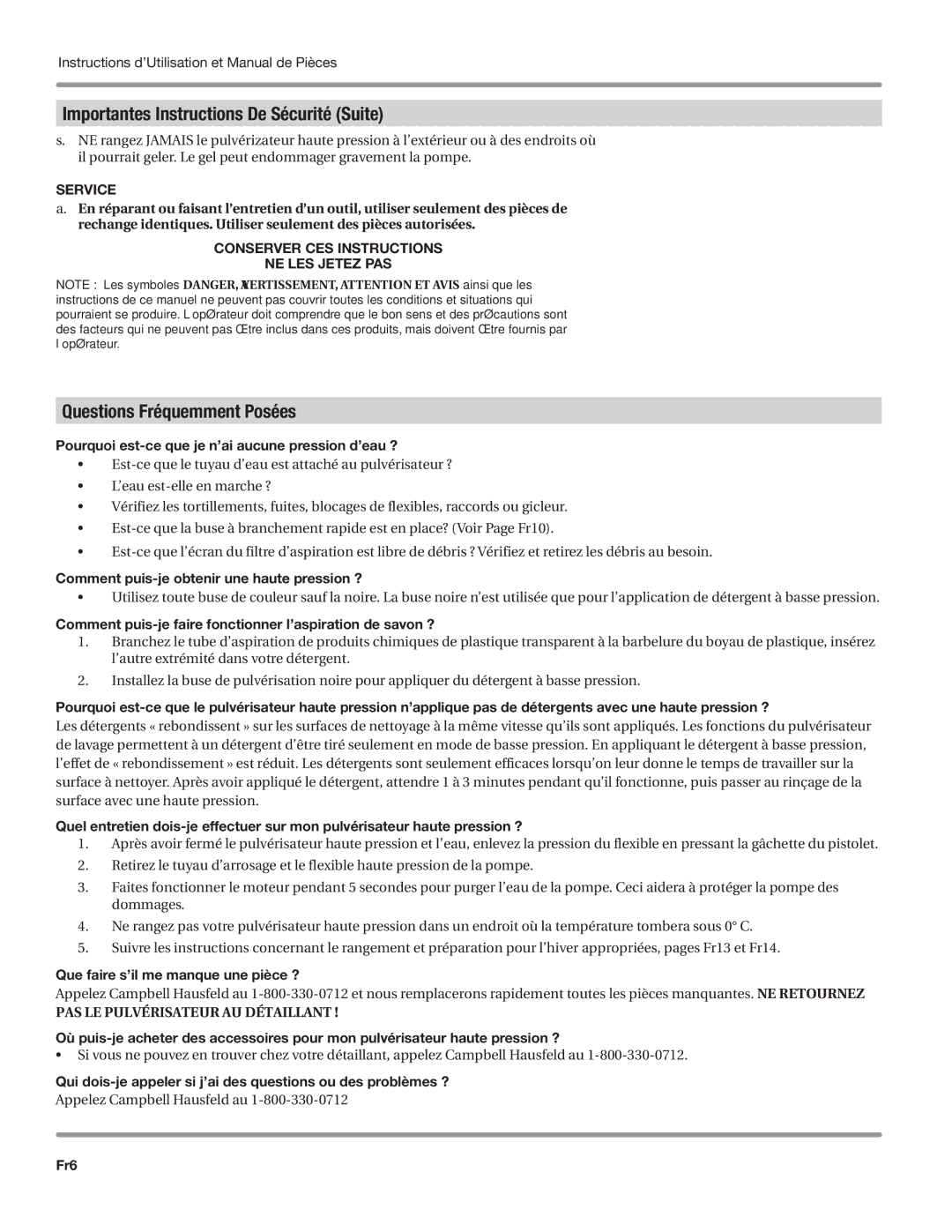 Campbell Hausfeld CP5101 manual Questions Fréquemment Posées 