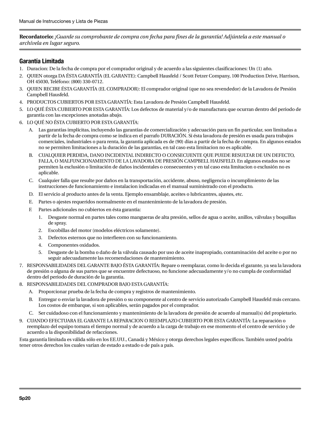 Campbell Hausfeld CP5101 manual Garantía Limitada, Sp20 