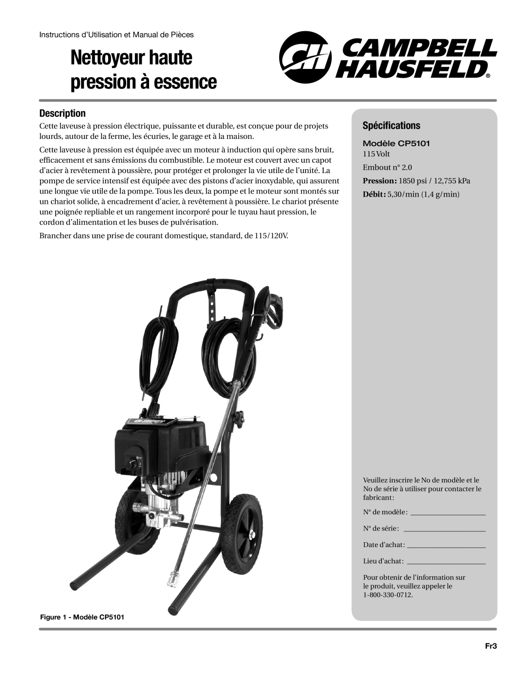 Campbell Hausfeld CP5101 manual Spécifications, Nettoyeur haute pression à essence, Description 