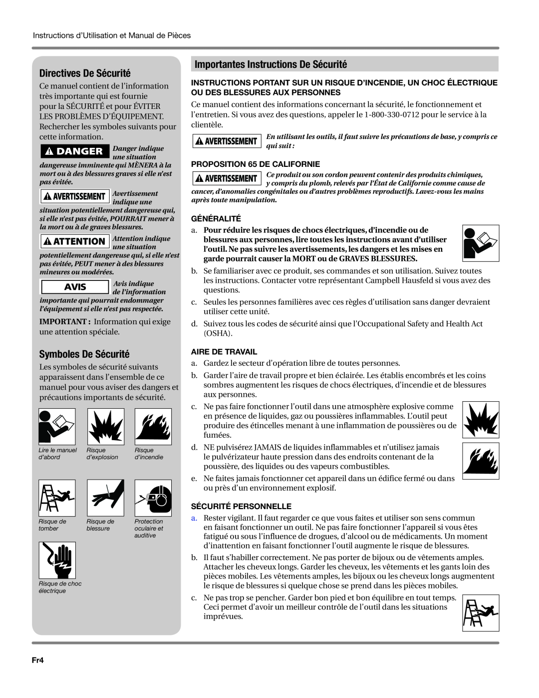 Campbell Hausfeld CP5101 Directives De Sécurité, Symboles De Sécurité, Importantes Instructions De Sécurité, Généralité 